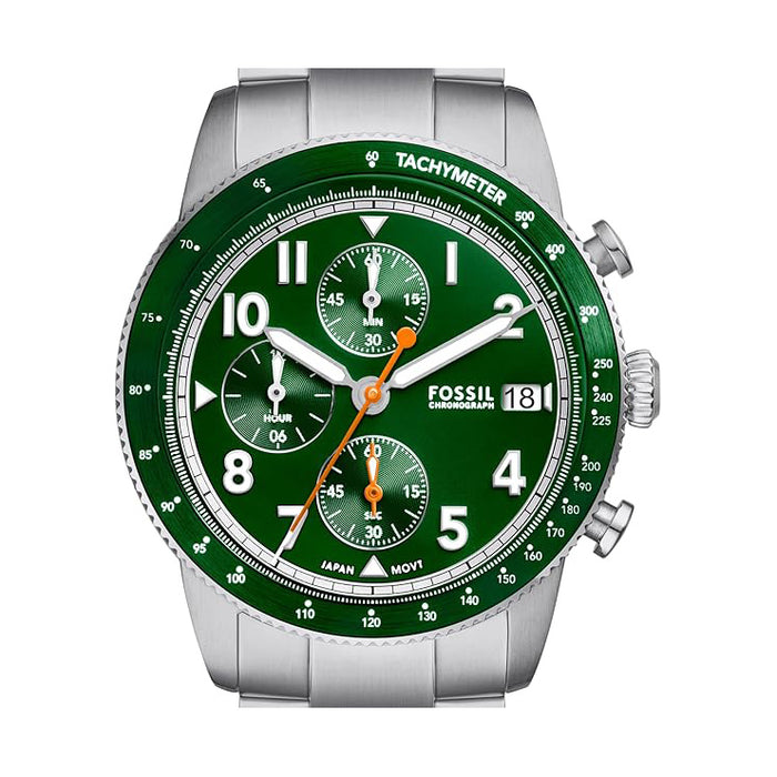 Fossil Men's Green Dial Silver Stainless Steel Band Analog Quartz Chronograph Sport Tourer Watch - FS6048