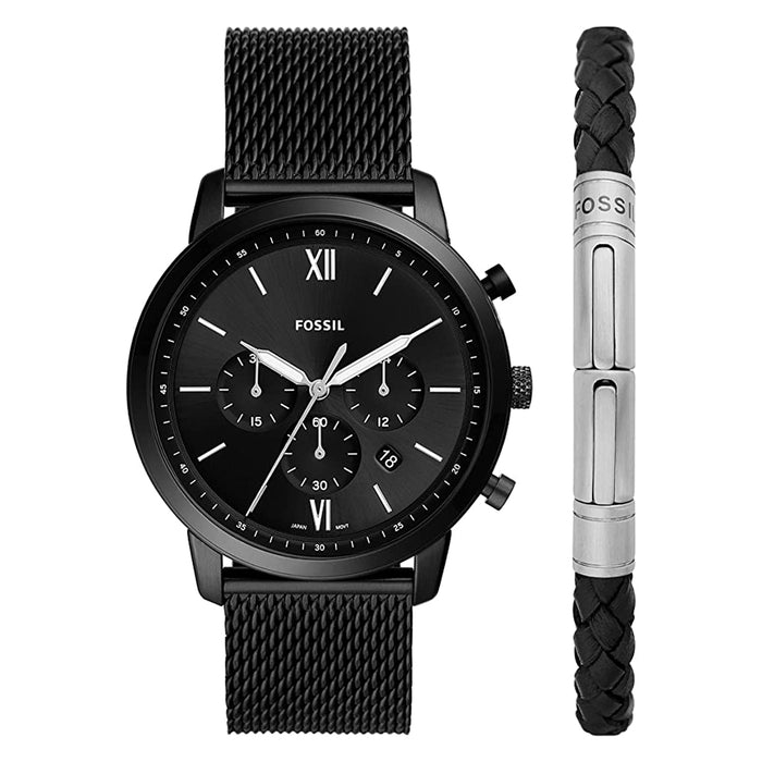Fossil Mens Black Dial Stainless WatchCo Steel Quartz Band Chronograph Watch- —