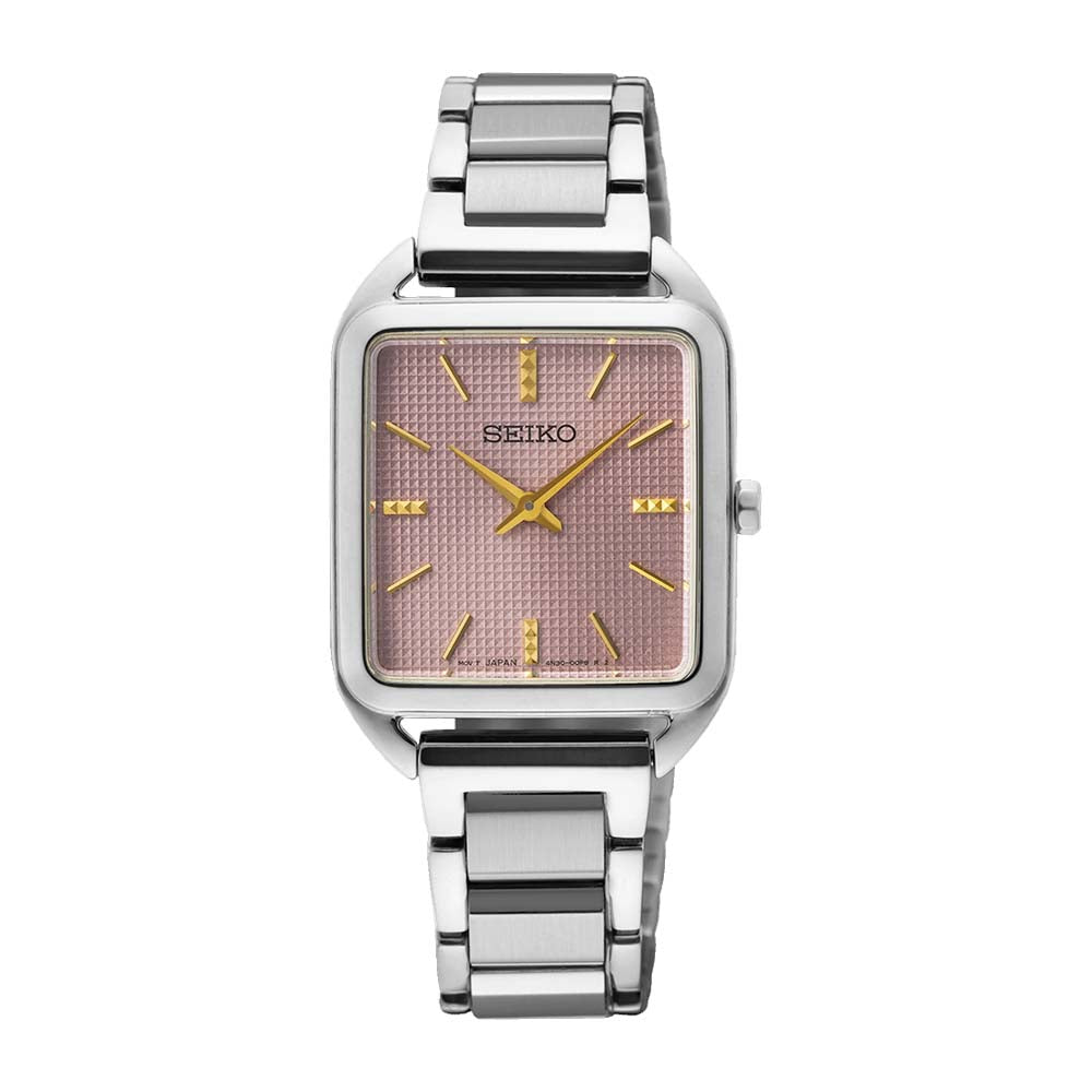 Seiko Women's Pink Cube Textured Dial Silver Stainless Steel Band Quartz  Watch - SWR077