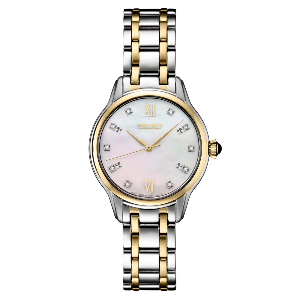 Seiko Women's Mother of Pearl Dial Silver Gold Band Stainless Steel Qu —  WatchCo.com